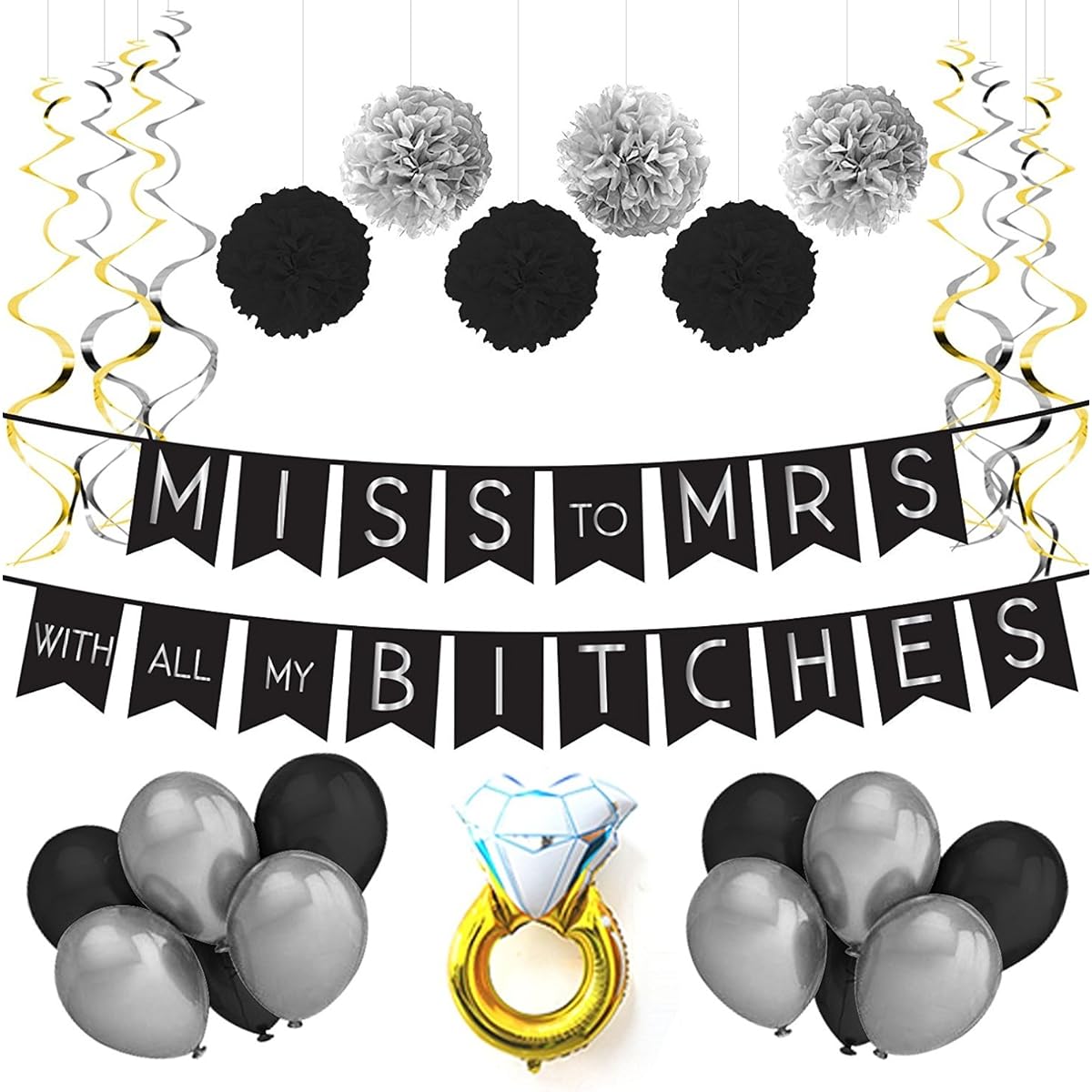 Sterling James Co. Miss to Mrs Classy & Sassy Bachelorette Black & Silver Party Pack Bachelorette Party Decorations Favors