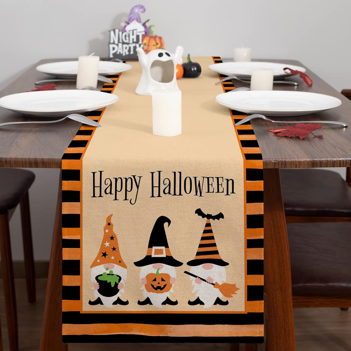 Halloween Gnome Table Runner Orange Stripes Witch Table Runner 72" Long Kitchen Dining Table Decorations Holiday Wedding Party Indoor Outdoor Decor