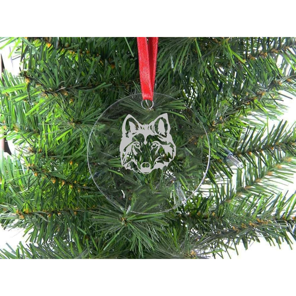 Personalized Custom Wolf/Husky Head Clear Acrylic Hanging Christmas Tree Ornament with Red Ribbon