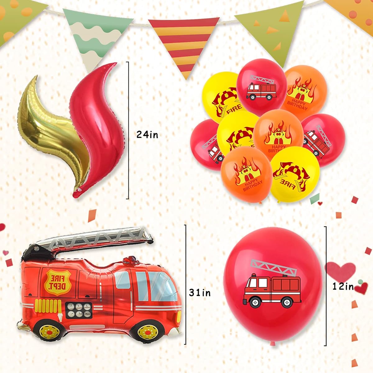 GUHAR Fire Truck Supplies 21pcs 24" Jumbo Fire Truck Balloons Gold Red Flame Foil Balloons for Fire Theme Birthday Party
