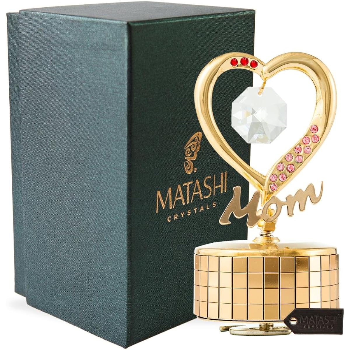 24K Gold Plated Mom Heart Wind-Up Music Box Table Top Ornament with Crystals by Matashi- Love Story
