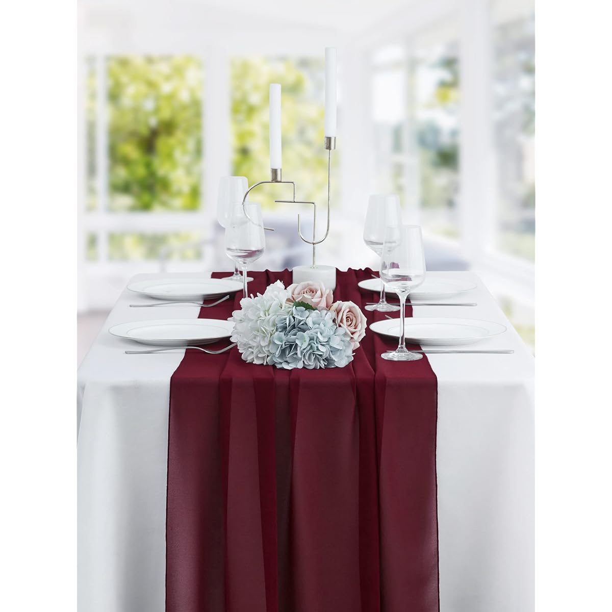 BEDDEB 10ft Burgundy Valentine's Day Chiffon Table Runner Wedding Table Runner 29x120inch Gauze Table Runner Rustic Sheer Table Decoration for Bridal Shower Baby Shower Birthday Party Cake Table