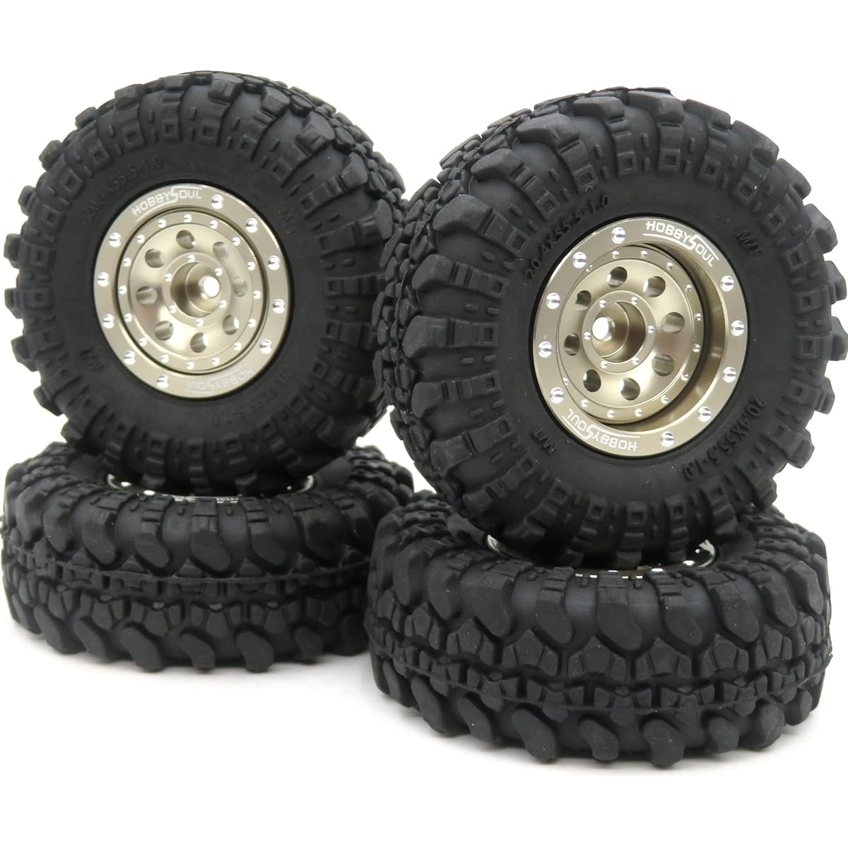 HOBBYSOUL 1.0 Tires & Heavy Adjustable Offset 1.0 Beadlock Wheels Champagne Color Minus Offset 1/24 Wheel Tires for 1:24 RC Crawler Axial SCX24 (Pack of 4 Assembled)