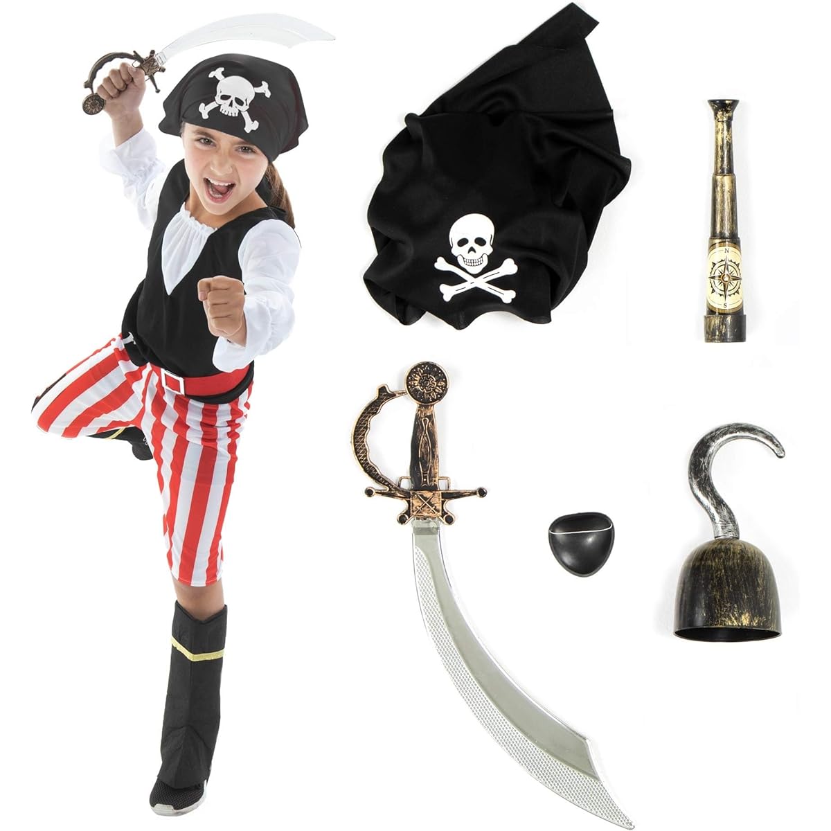 Hauntlook Deluxe Caribbean Pirates Costume & Accessory Kit with 6 Props and Outfit
