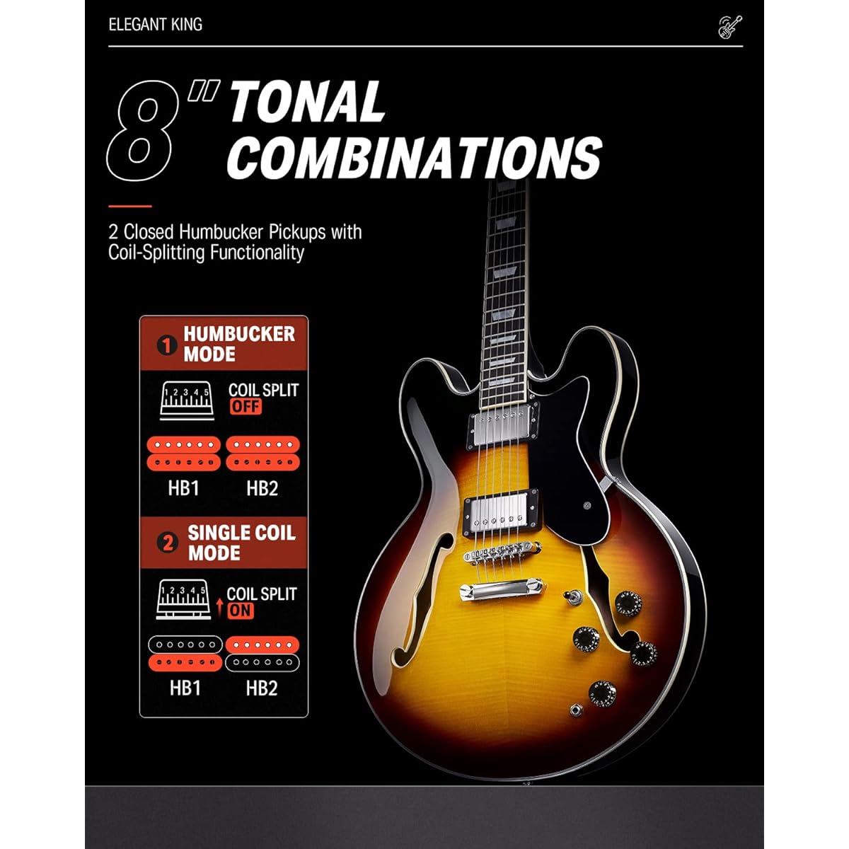 Donner Semi-acoustic guitar Electric guitar Semi-acoustic guitar Semi-hollow body Double cutaway Tiger color DJP-1000B