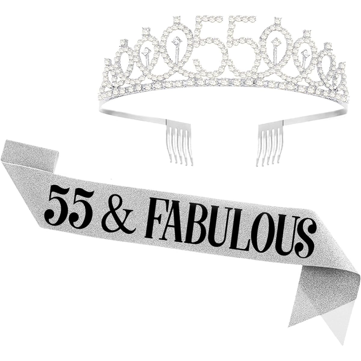 UVATAHONA 55th Birthday Sash and Tiara for Women 55 & Fabulous Sash and Crown 55th Birthday Decoration Gift for Women Queen Party Favors Supplies Silver