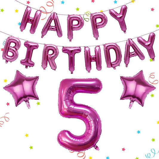 16pcs Hot Pink Happy Birthday Balloons Banner, 16" Hot Pink Foil Letter Sign Balloons, 40" Giant Number Balloons, 1st Birthday Decorations for Kids, Anniversary Party Decorations Supplies (Age 5)