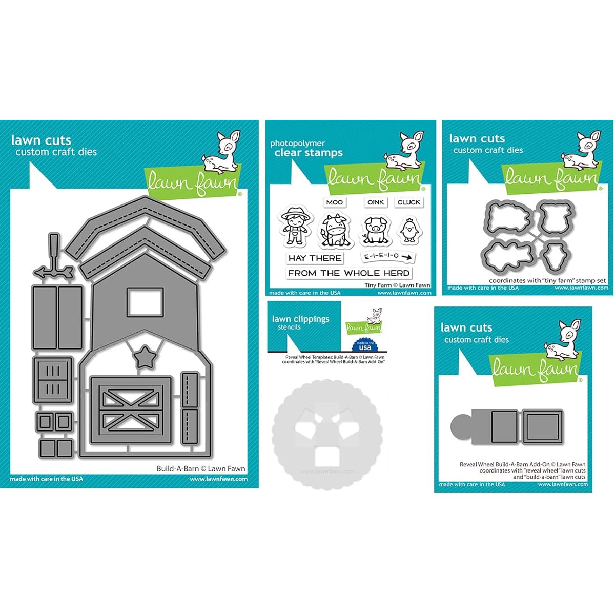 Lawn Fawn Build-A-Barn Die, Little Farm Stamps & Dies, Reveal Wheel Add-Ons & Templates - 5 Item Bundle