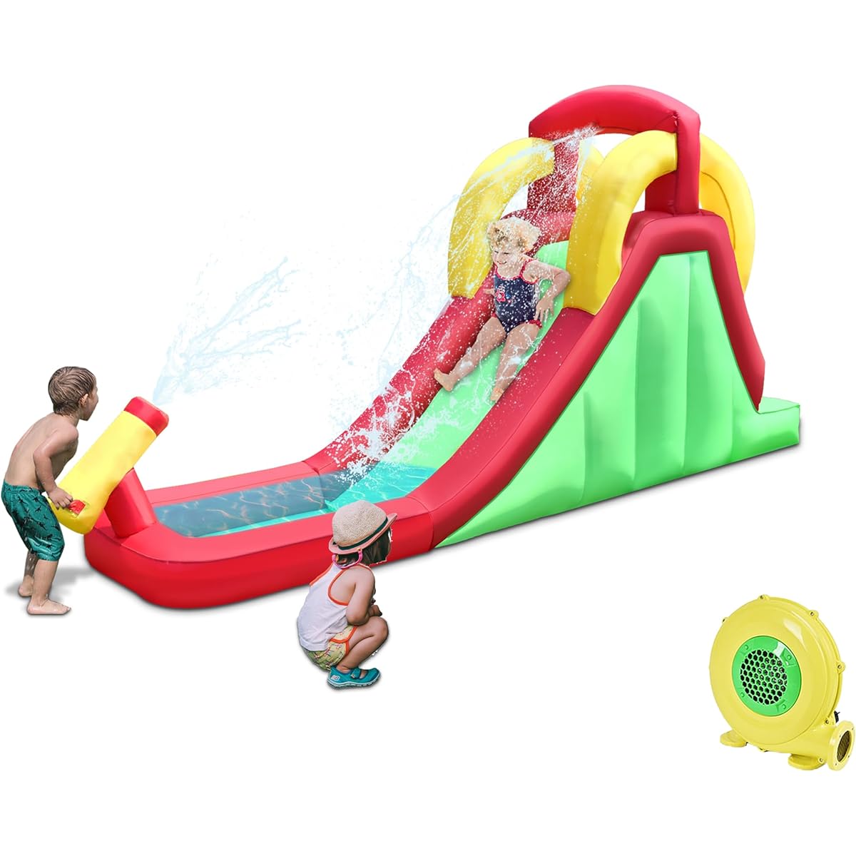 RETRO JUMP Inflatable Water Slide for Kids Backyard Climbing Wall & Splash Pool Hose Water Cannon (450W Blower Included)