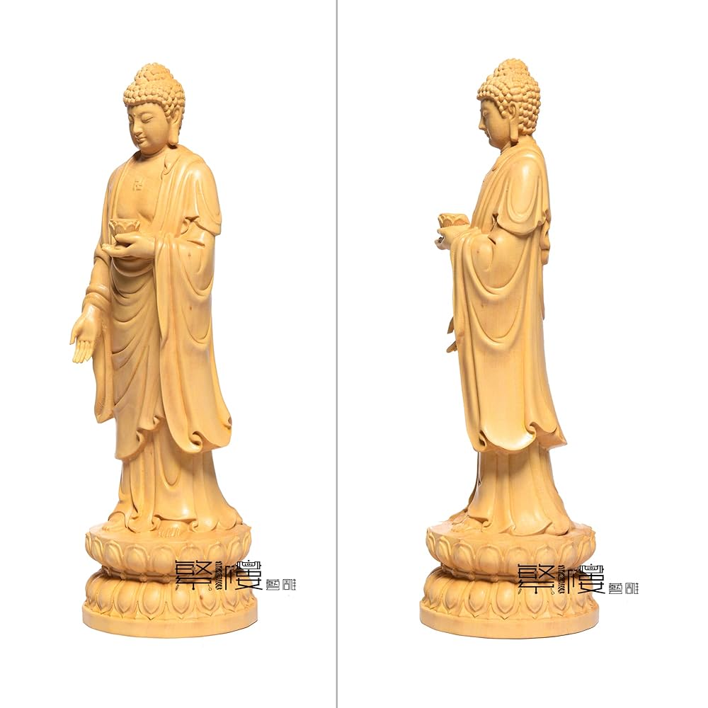 Hanrou Art Sculpture Buddha Statue Shakyamuni Nyorai Standing Statue Wood Carving Ornament TheChanger Buddhist Altar Statue Pray to Harm Good Quality Natural Boxwood Wood Carving (Height 23cm x Width 7cm x Depth 7cm)