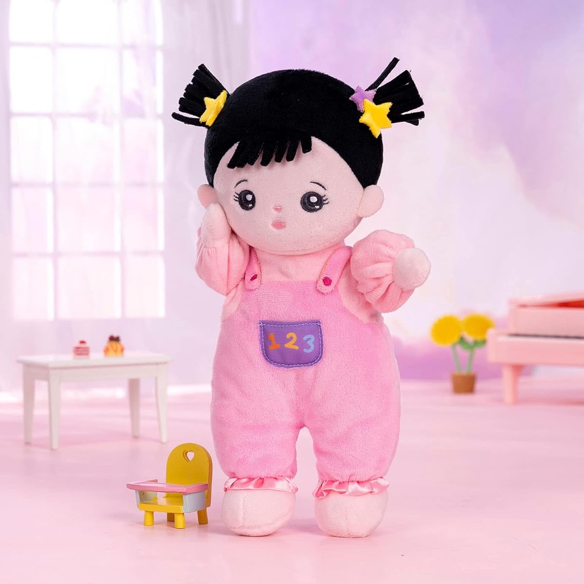 OUOZZZ 10 Inch Soft Baby Doll for Girls - First Baby Doll Plush Ragdoll Sleeping Cuddle Buddy Pink Strap Black Hair Asian Doll Toy for Kids