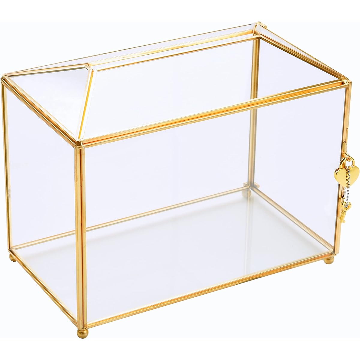 Gold Wedding Glass Card Box - 10.6" Large Wedding Card Holder Handmade Gold Glass Terrarium with Slots and Heart Lock, 10.6x5.9x8.3"