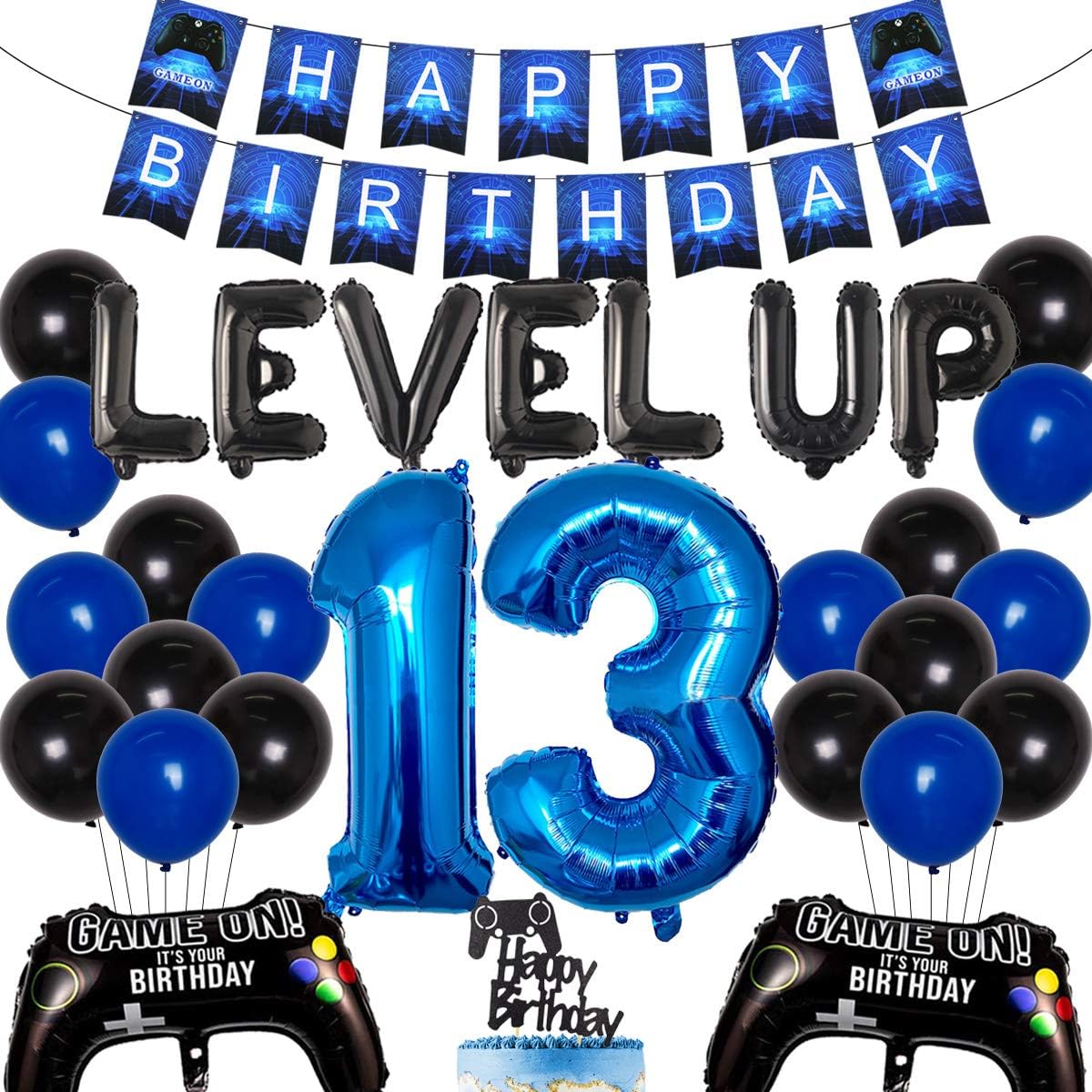 Video Game 13th Birthday Decorations, Games for Boys, Birthday Party Supplies, Blue Game, Happy Birthday Banner, Game Controller Balloons, Number 13 Foil Balloon
