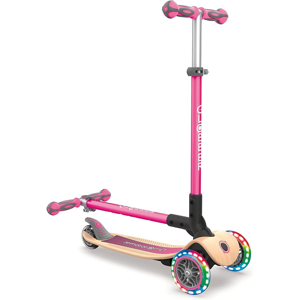 GLOBBER Kickboard Flash Glowing 3 Wheel Wood Deck Foot Brake Outdoor Play Children Vehicle Kick Scooter Primo/Foldable/Wood/Light Navy Pink WLGB436110