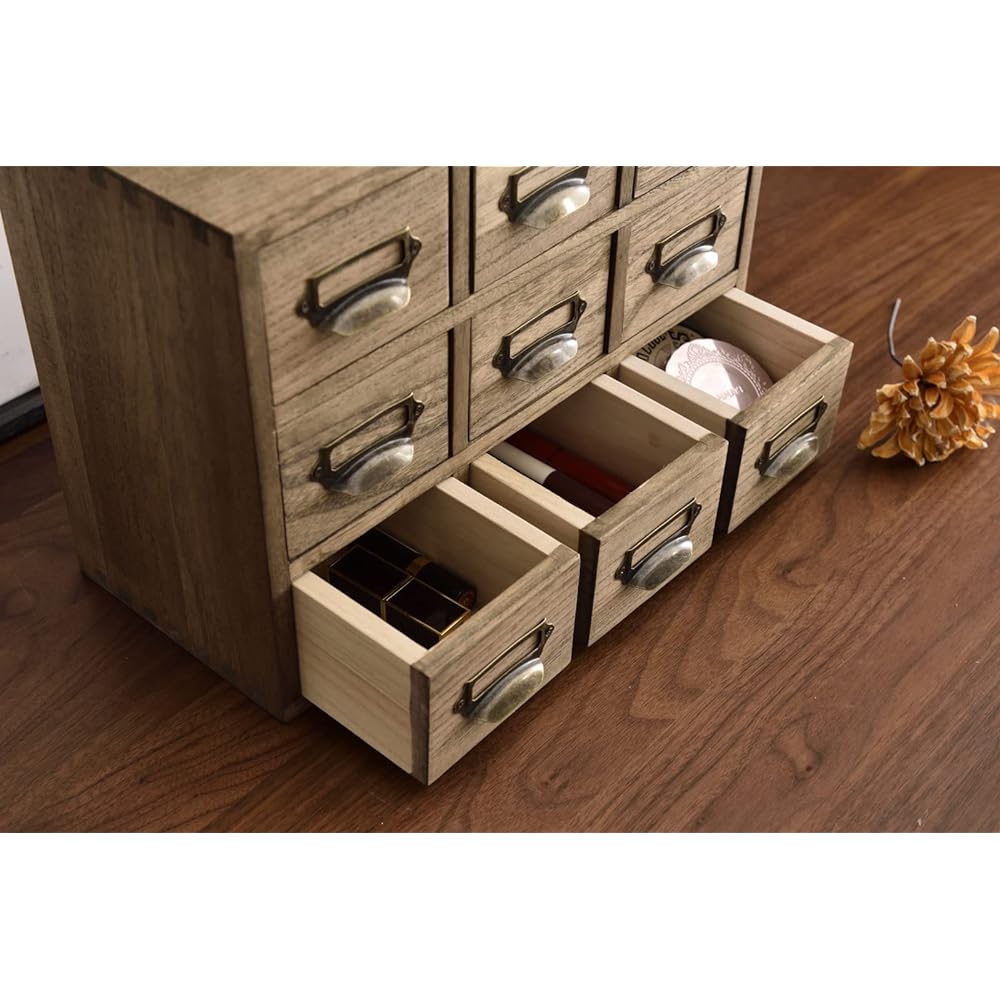 KIRIGEN Mini Chest, Tabletop Storage, Small Items Storage, Drawer Chest, 3 Tiers, 9 Cups, Handmade by Craftsmen, Brown