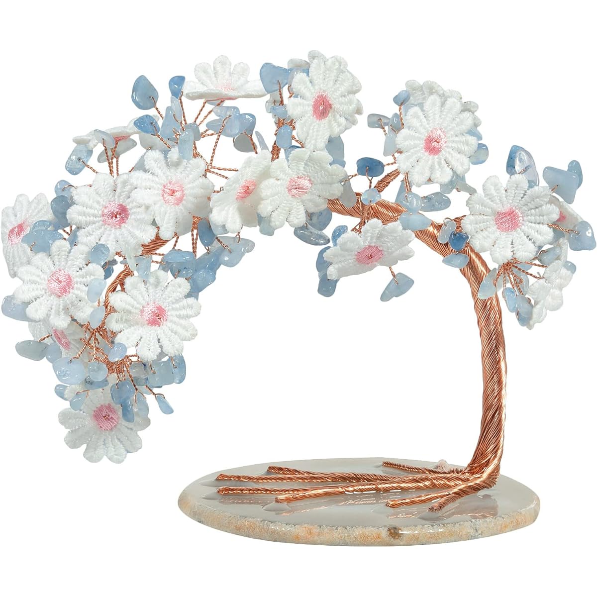 rockcloud Aquamarine Crystal Money Tree Lace Flower with Agate Slice Base Feng Shui Jewelry Tree of Life Home Office Desktop Decor