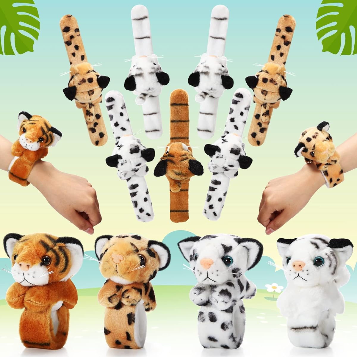 8pcs Animal Slap Bracelet Stuffed Animals for Kids Adorable Stuffed Slap Bracelet Girls Boys Birthday Party Favors Gift (Tiger and Leopard)