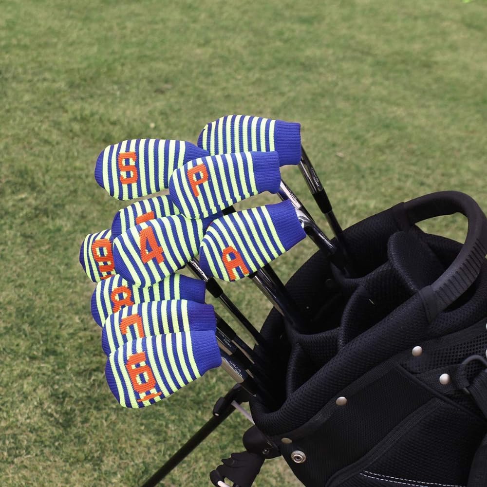 Golf head cover, knit iron cover, cute sock type, sock type, double fabric (4-9, P, A, S, plain) numbers on both sides, set of 10, 5 colors