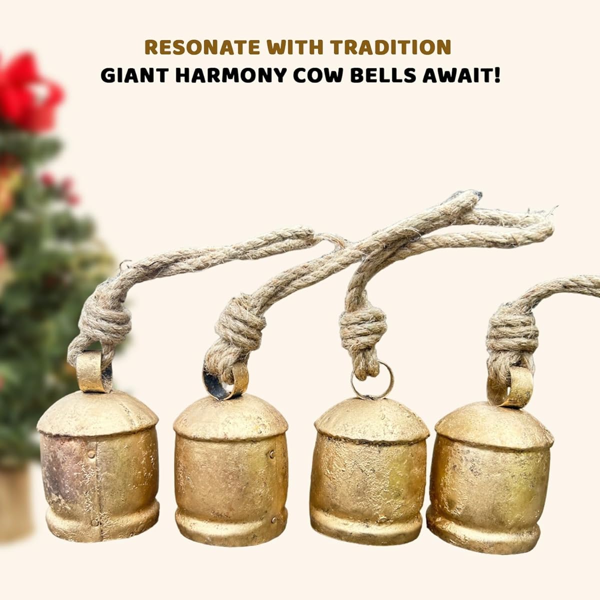 4" Giant Harmony Cowbell Large Vintage Handmade Rustic Lucky Christmas Hanging Bell Rope (Country Rustic, 4" - Large) Set of 4
