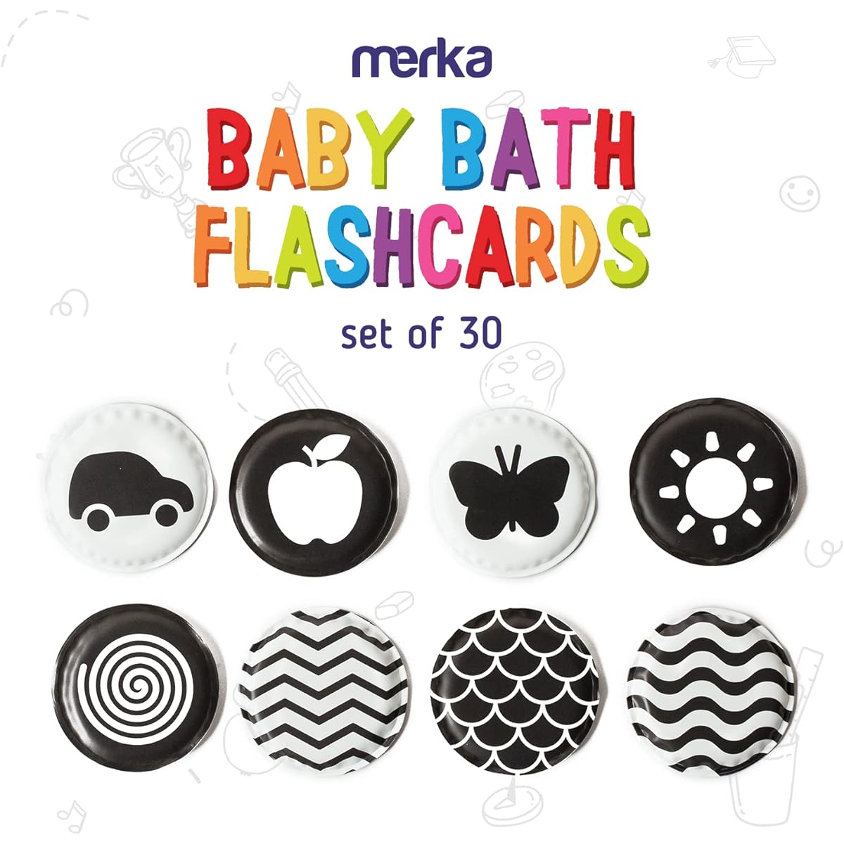 merka Baby Bath Flash Cards Black and White Set of 30 High Contrast Image Floating Cards Sensory and Visual Learning Bathtub and Shower Toys for Infants 0-3 Years
