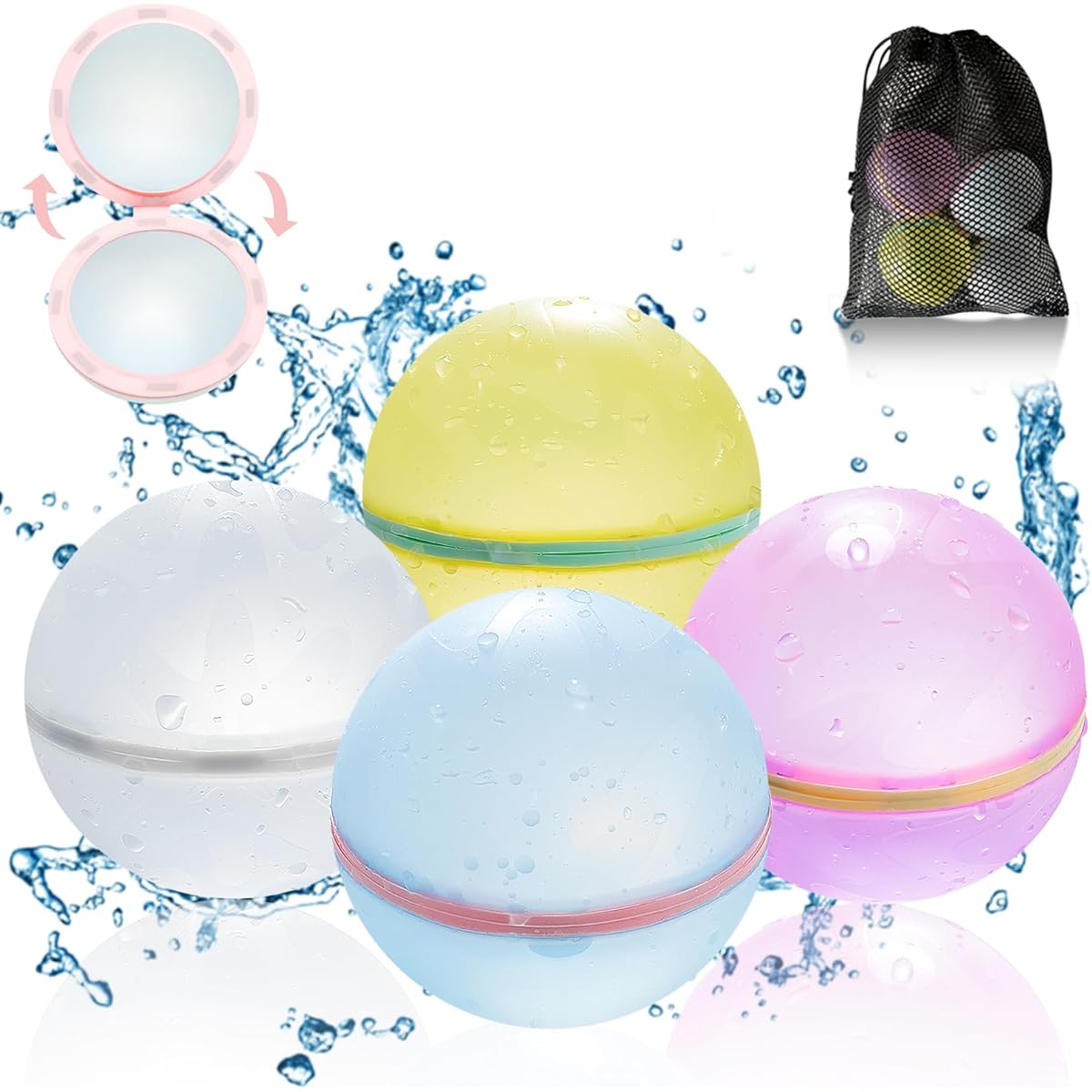 TIZIKCON Reusable Water Balloons Macaron Water Balls with Mesh Bags Self-Sealing Silicone Water Bombs for Kids Adults Outdoor Activities Water Games Toys Summer Fun Party Supplies (4pcs)