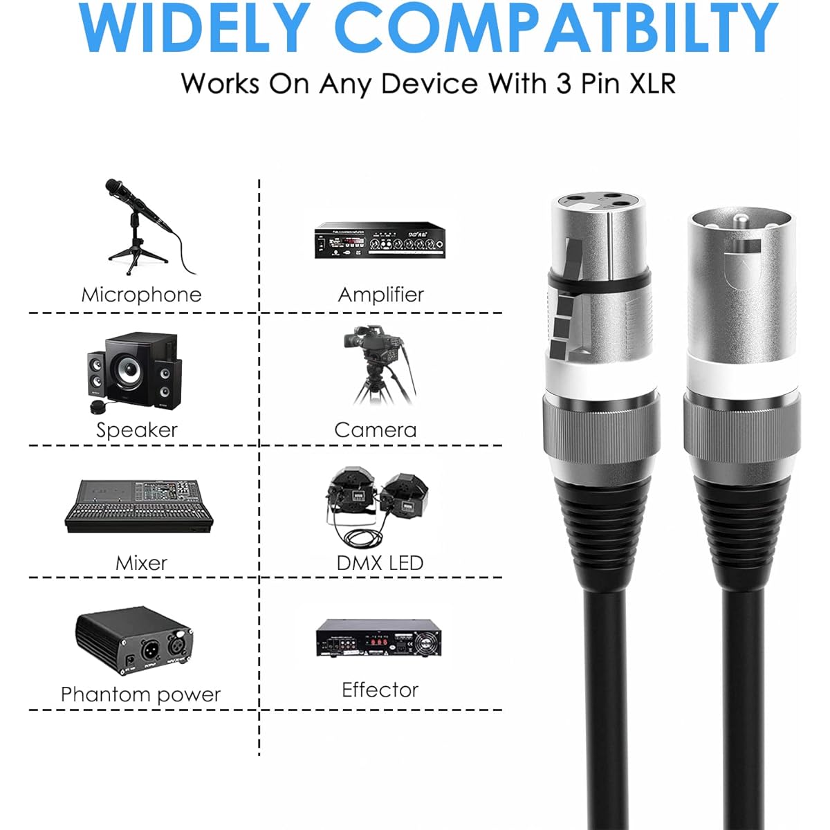 Semusgx XLR Cable - Premium Balanced XLR Microphone Cable, 3-Pin XLR Male to Female Speaker Mic Cable with OFC Conductor for Studio Recording and Live Production 10ft
