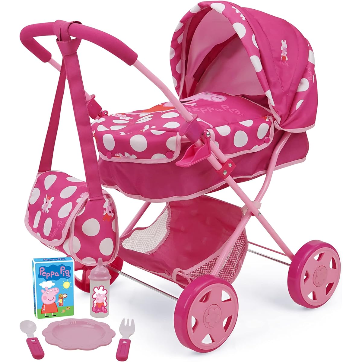 Peppa Pig: Baby Classic Doll Stroller Set - Pink & White Dots - 7 Piece Set Fits up to 18 Inch Dolls, Includes Retractable Canopy, Storage Basket, Diaper Bag & 5 Feeding Accessories, Ages 3+