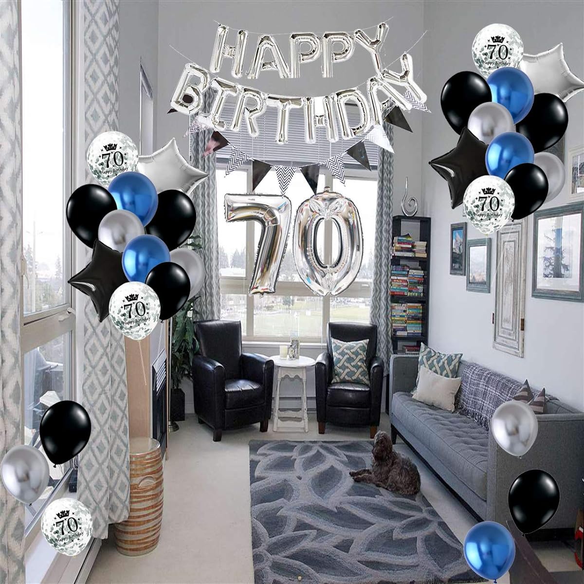 70th Birthday Decorations Silver Men Women Happy Birthday Balloons Pennant Banner 70th Birthday Balloons Silver Black Star Foil Birthday Balloons Navy Blue Black Confetti Balloons for Mom Dad 70th Birthday