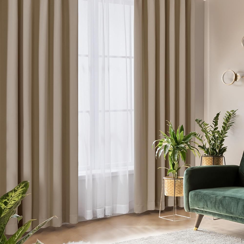 Deconovo 1st Grade Blackout Curtains, Width 100 x Length 230cm (2 Curtains, 2 Lace) Khaki, 4 Pieces, Drape Curtains, Stylish, UV Protection, Insulation, Power Saving Measures, Day/Night Blindfold
