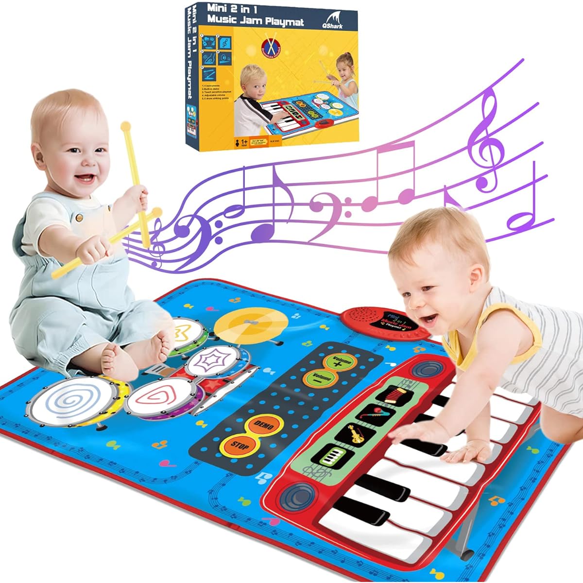 QShark 2-in-1 Music Learning Toy for Toddlers 1 2 3 Years Old Boys Girls | 13 Keys Piano Keyboard & 5 Drum Kits | Built-in Demo, 4 Instrument Sounds, Volume Control, 1+ Birthday Gift for Boys/Girls