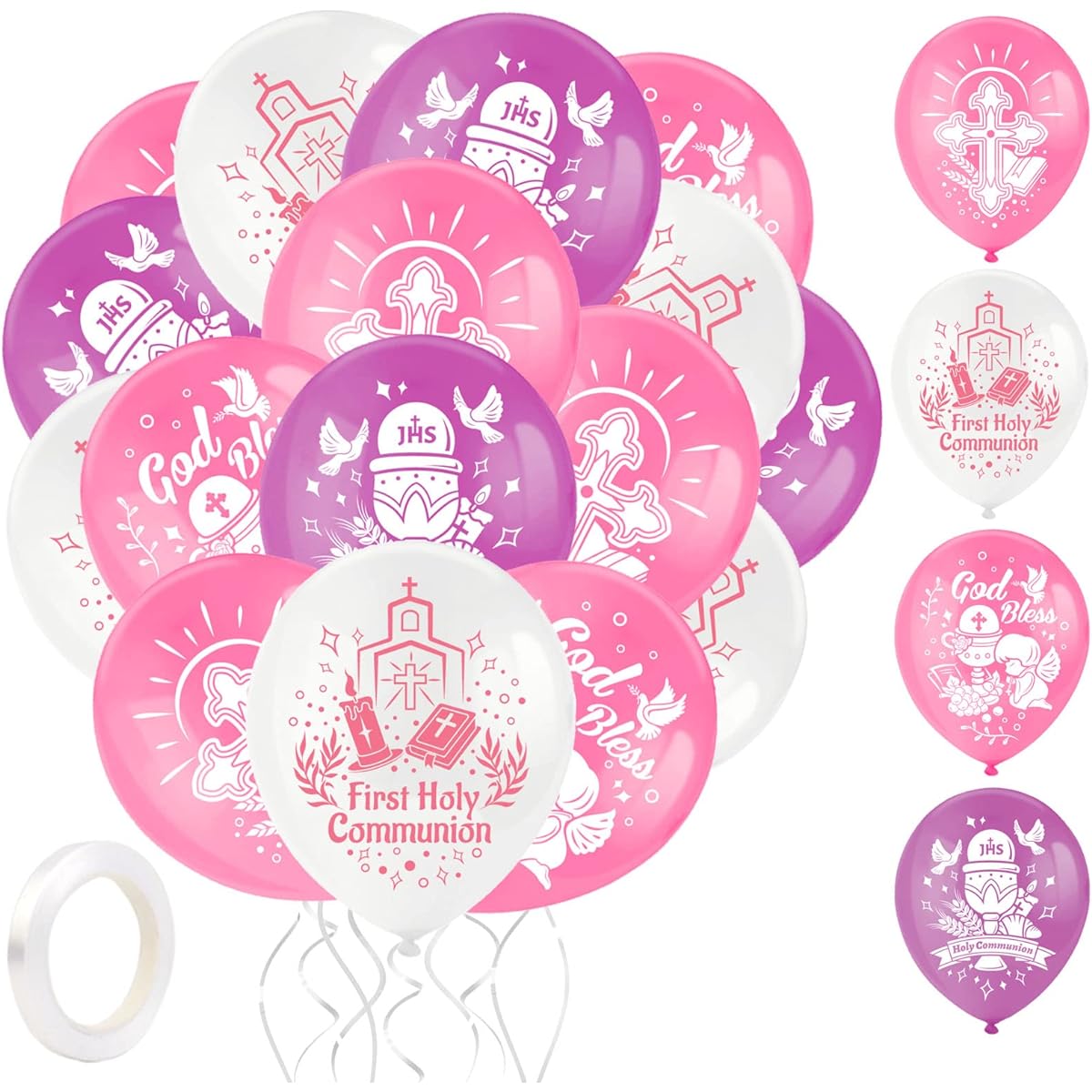 DPKOW 28pcs Communion Balloons Set for Girls First Communion Decorations God Blessing Cross Latex Balloons Angel Dove Bible Balloons for Baby Shower Confirmation Birthday Party Pink Purple White