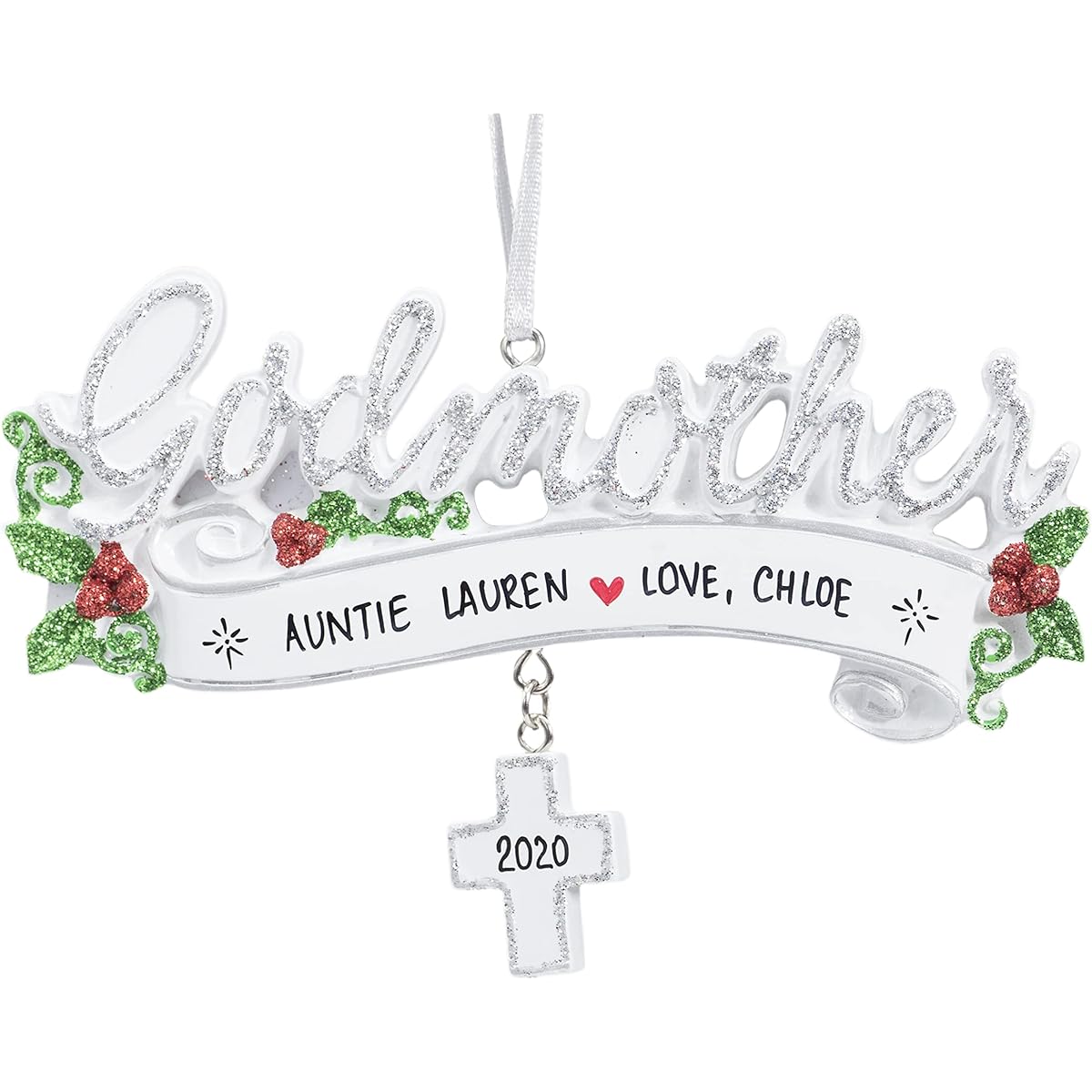 UniqXmas Personalized Godmother Christmas Ornament - Free Customization | Unique Baptism Keepsake Gift from Godchild - Silver God and Mother Words with Cross for Christmas Tree | Custom Name & Year
