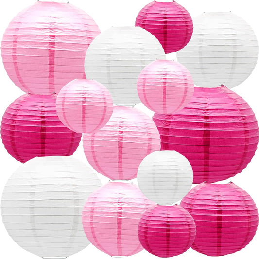 15 Pieces Round Chinese Paper Lantern Decoration for Wedding Birthday Party Valentine's Day Baby Shower Decoration (Pink)