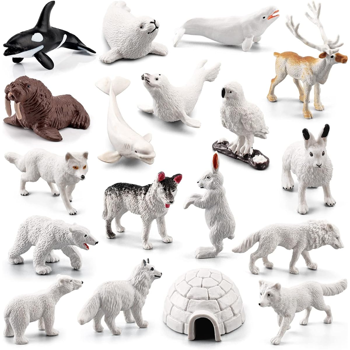 SCAHOW 18 Pieces Arctic Animal Toys Plastic Polar Animal Habitat Figurines Realistic Arctic Fox Wolf Penguin Igloo Polar Bear Reindeer Figures Miniature Toys for Kids Cake Topper Birthday Gift
