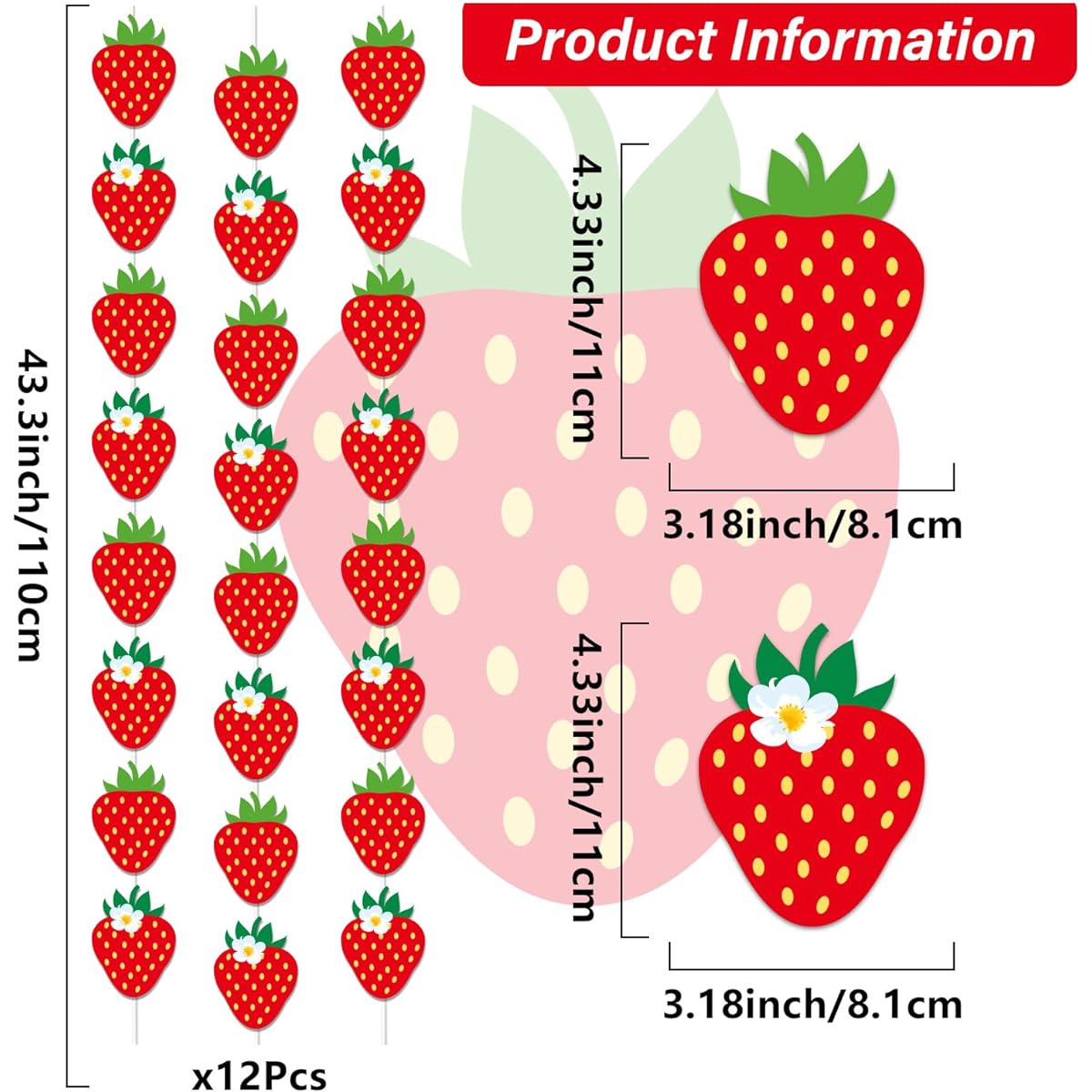 Strawberry Party Banners, 12pcs Strawberry Theme Party Hanging Swirl Strawberry Garland Kit Berry First Birthday Paper Cutouts for Kids Girls Strawberry Theme 1st Birthday Party Baby Shower Decorations
