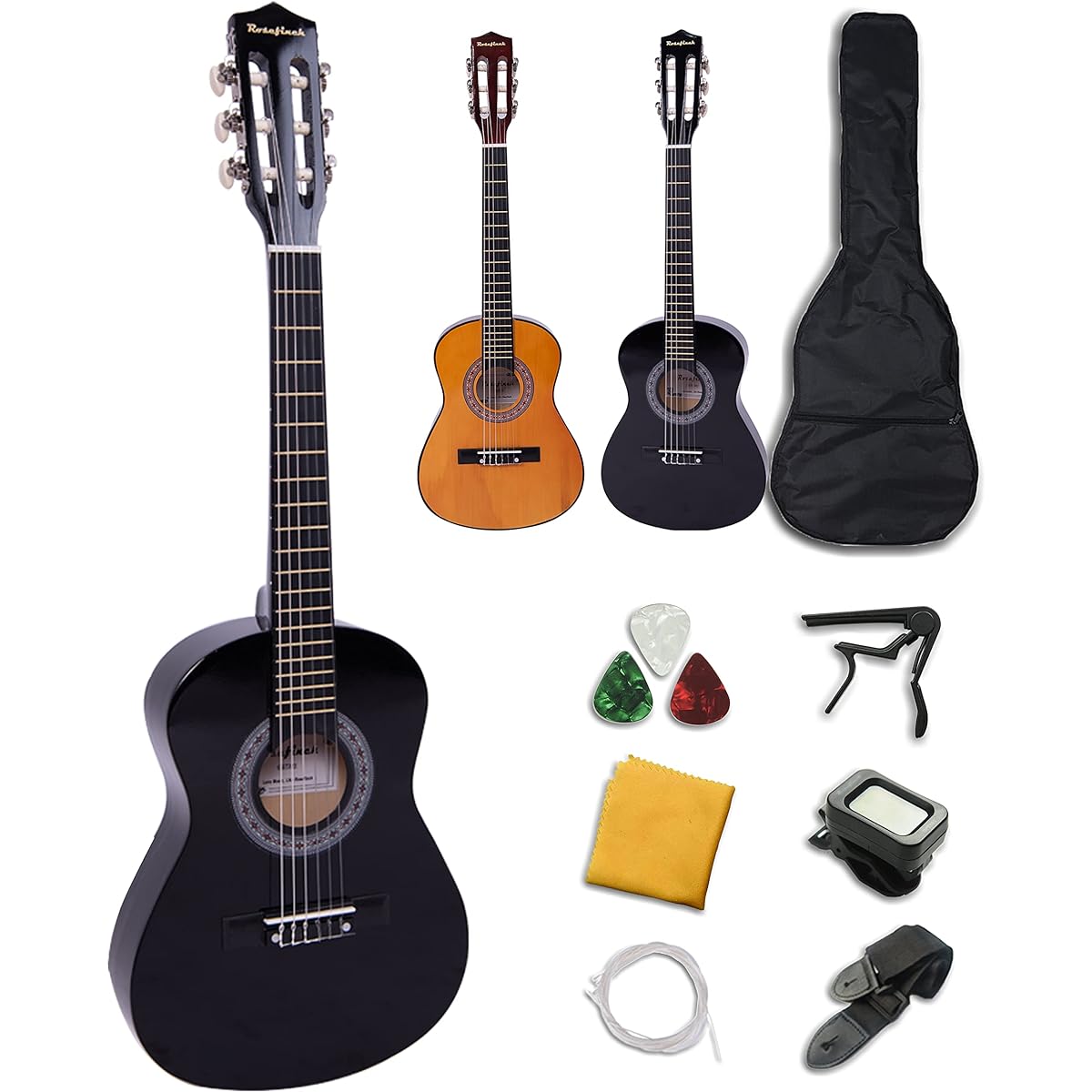 Classical Guitar 1/2 Size Acoustic Guitar 6 Nylon Strings Wooden Guitar Kit for Beginners Kids Students Adults with Bag Tuner Pick Strap String Wipe Cloth (30 Inch Black)