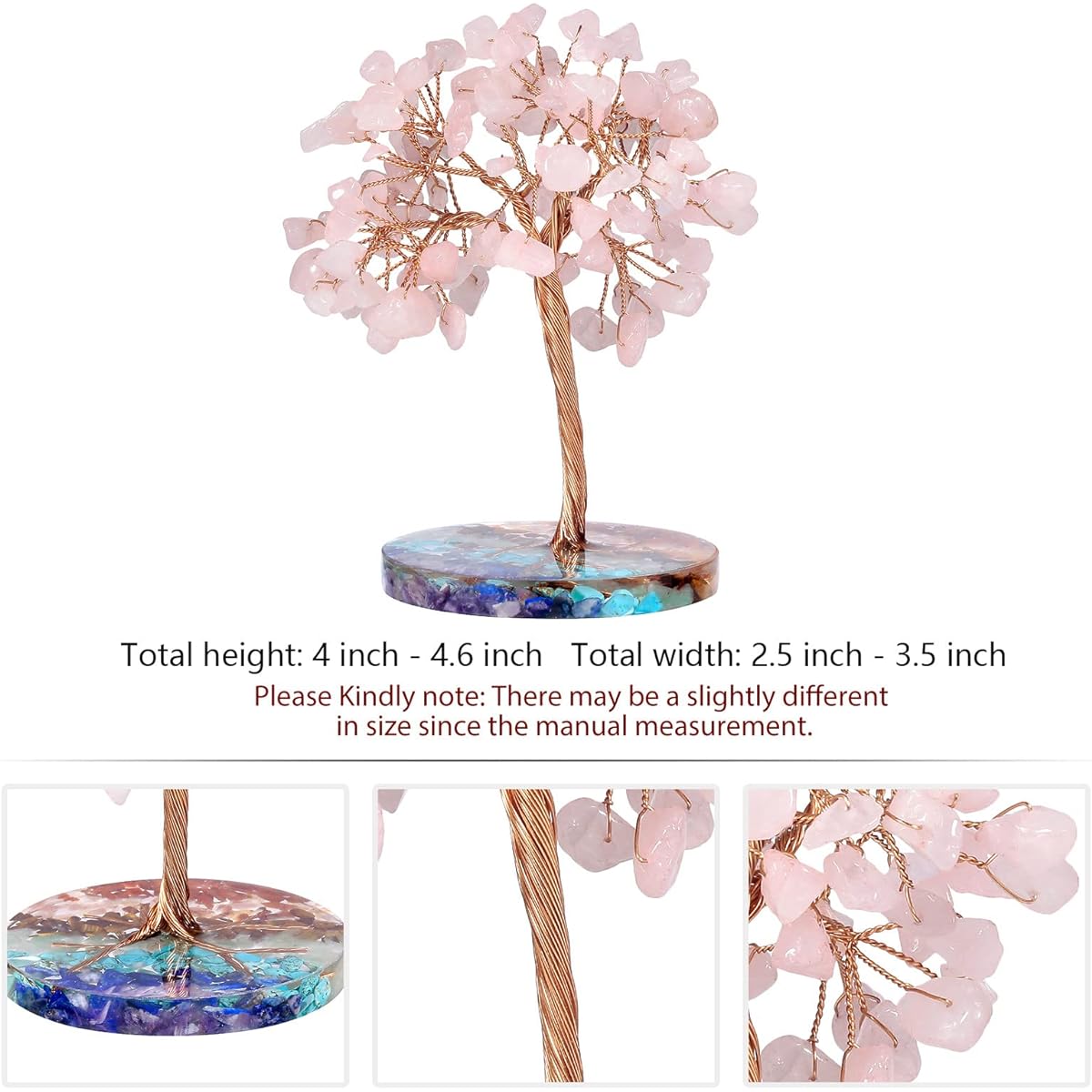 rockcloud Rose Quartz Crystal Copper Wire Money Tree Round Colorful Resin Base Handmade Bonsai Stone Tree Office Home Table Decor Pink