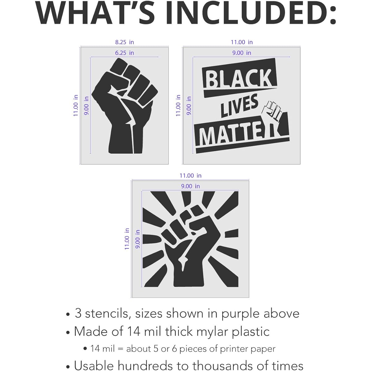 Stencils Stop BLM Fist Stencil Set - Black Lives Matter Stencils Protest Signs End Race Injustice - 14 Mil Mylar Plastic [Set of 3 Stencils]