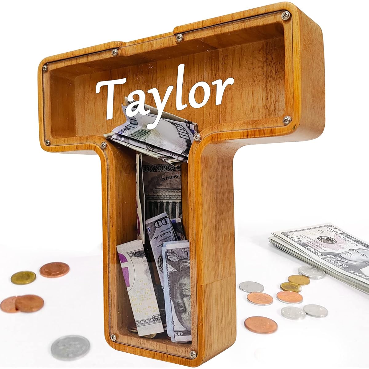 Custom Wooden Piggy Bank Creative 26 English Alphabet Letter Storage Tank Personalized Letter Coin Bank Customized Wooden Toy Piggy Bank Frame DIY Your Own Name Letter Decorative Kids Piggy Bank(T)
