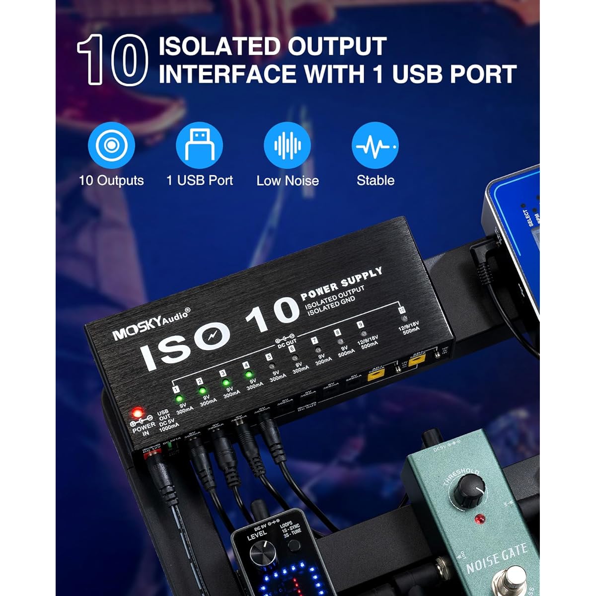 CAMOLA Guitar Power Supply Mosky Guitar Pedal Power Supply 10 Isolated DC Outputs 9V 12V 18V 300mA 500mA Guitar Effect Pedal Short Circuit/Over Current Protection