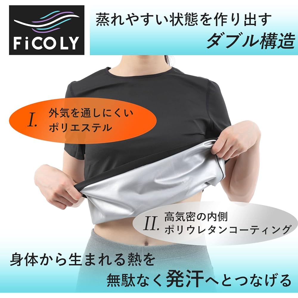 [FiCOLY] Sauna Suit, Short Sleeve, Women's, Sweating, Washable, Inner T-shirt, Large Size, Sauna Suit, FSTW-2