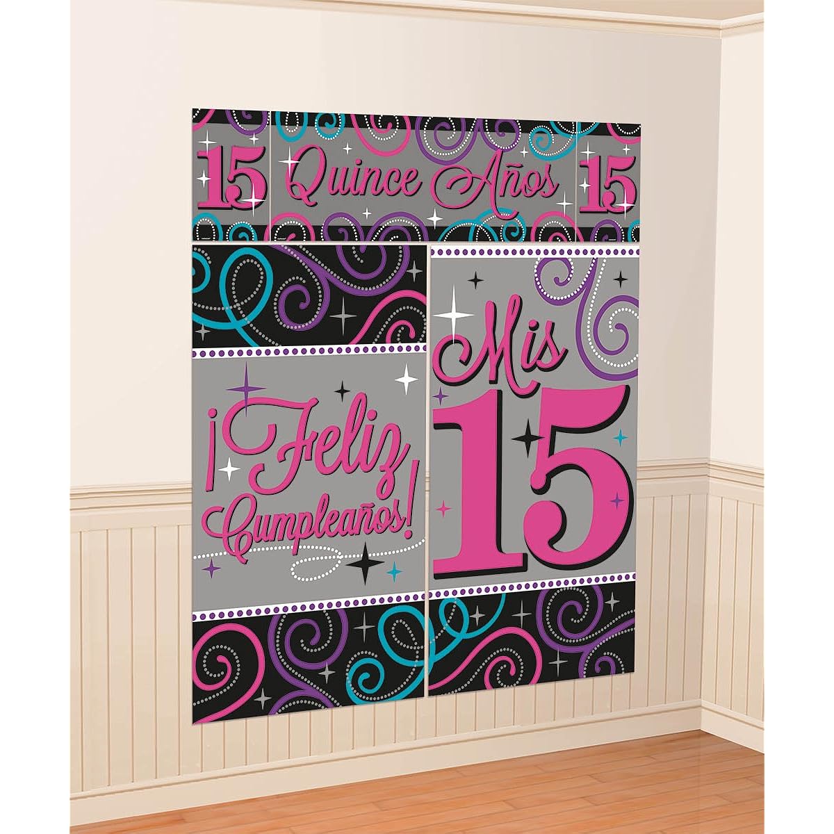 Elegant Mis Quince Años Scene Setter Wall Decor Kit Birthday Party Decorations (5 Pack) Pink/Grey 59" x 65"