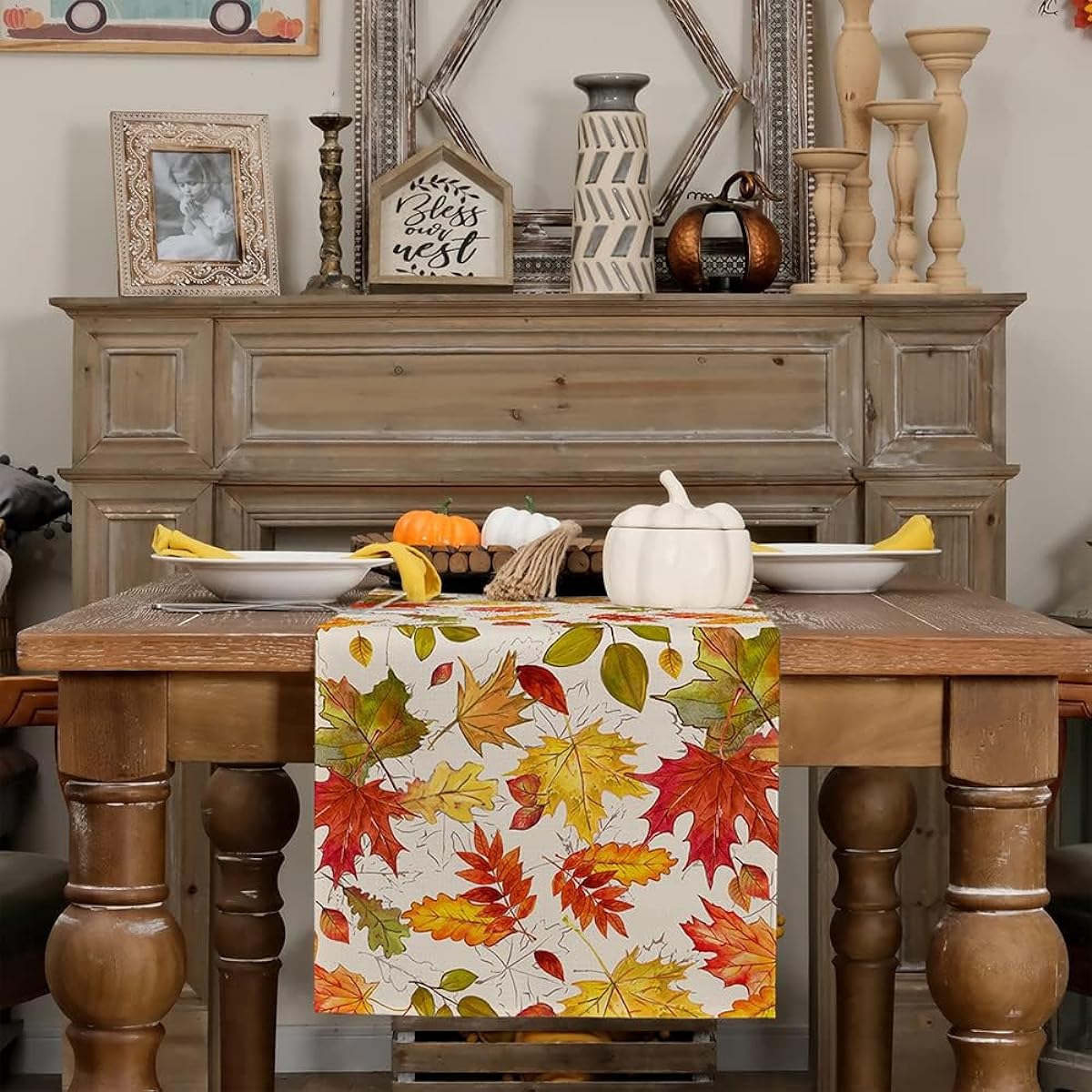 GEEORY Fall Table Runner 13x72 Inch Maple Leaf Rustic Thanksgiving Farmhouse Table Decorations for Kitchen/Dinner/Indoor/Outdoor/Dinner Party (Orange Red Green Leaf) GT115-72