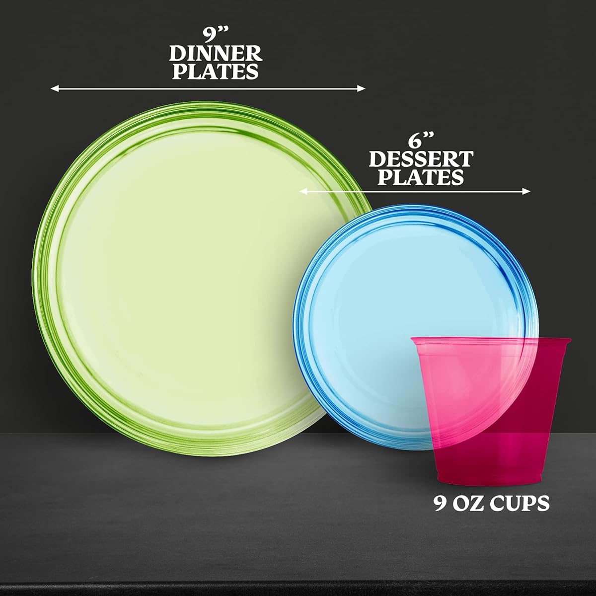 128 Piece Neon Party Supplies Set - Disposable & Heavy Duty Main Course 9" Plates, 6" Dessert Plates, 9oz Tumblers, Cutlery, Glow in the Dark, Perfect for Black Light UV Parties