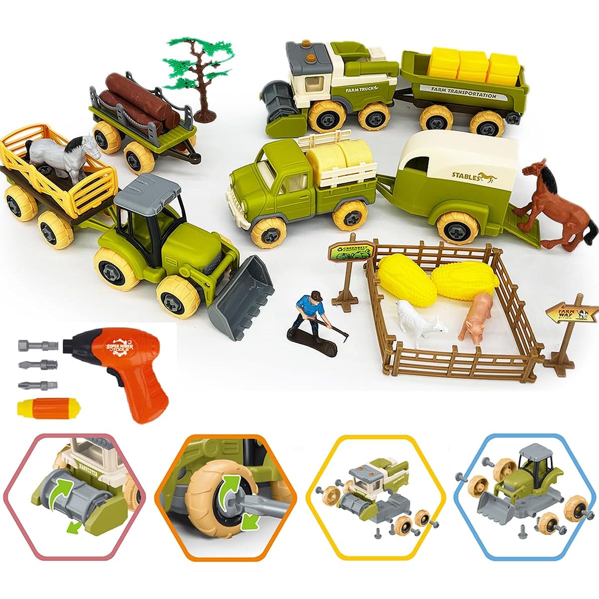 Take Apart Kids Farm Toy Tractor Trailer Truck Vehicle Playset Grain Loader Harvester Pickup Tow Truck Towing Log Transport Horse Figures 35 Pieces Plastic Faming Toy Vehicle Model Car Boys Gift