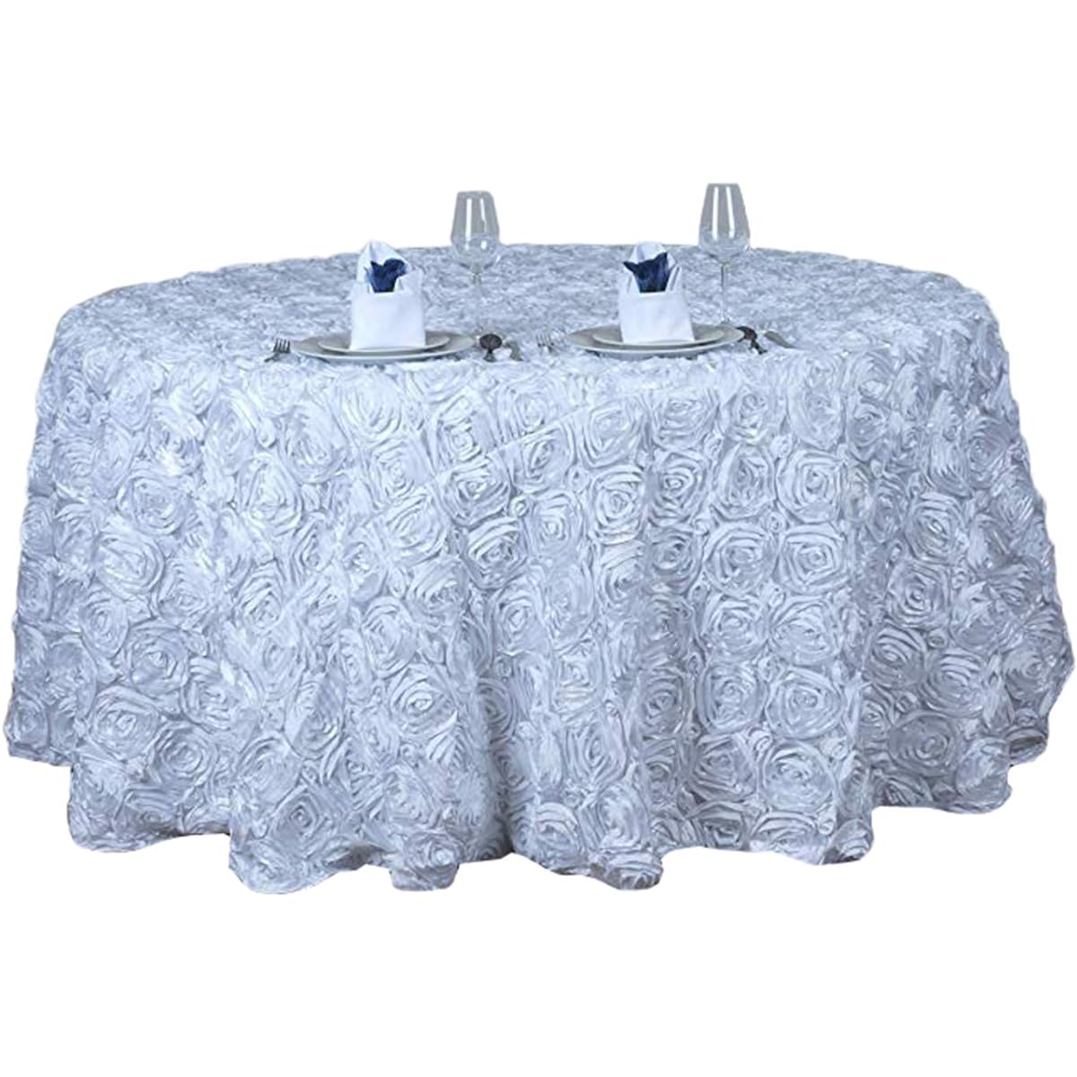 Liveinu 3D Satin Layed Rosette Tablecloth Party Table Cover Table Runner Wedding Party Dining Room Table Linen Round 129 Inch White