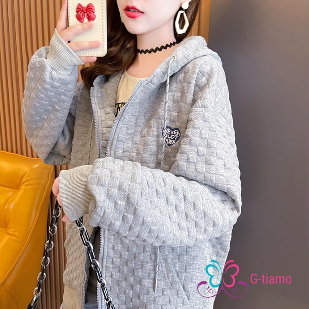 [G-tiamo] Women's Parka, Long Sleeve, Loose, Large, Casual, Zip-up, Stylish, Hoodie, Hood