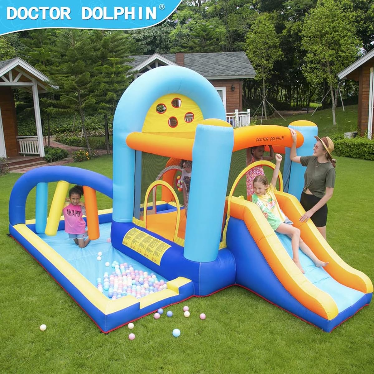 Doctor Dophin Inflatable Bounce House with Blower 5-in-1 Structure for Kids Outdoor Garden