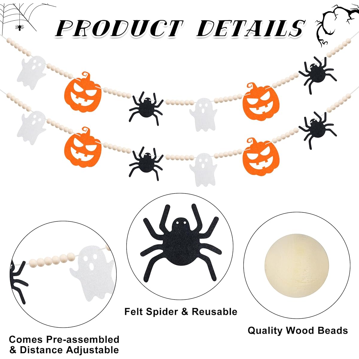 Halloween Decorations Indoor - No DIY - Felt Ghost Pumpkin Spider Wood Beads Garland Halloween Party Decoration Rustic Farmhouse Halloween Felt Banner Haunted House Mantel Wall Decor
