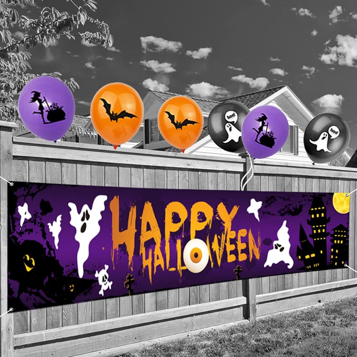 Extra Large Happy Halloween Banner,Halloween Party Sign Banner Decorations Halloween Party Balloons Halloween Ghost Yard Sign Decor Background Photography Backdrop for Halloween Party (118" x 24")